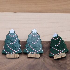 Wooden Folk Art Hand Painted Christmas Tree Brooch Pin And Earrings Set